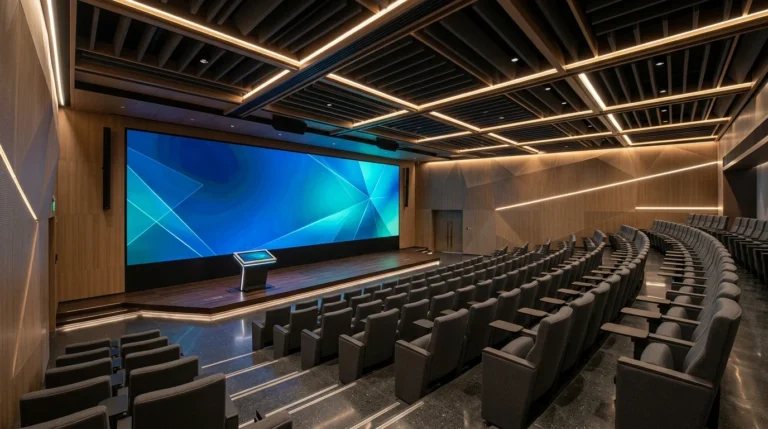 Corporate auditorium with seamless LED videowall and integrated acoustic sound systems