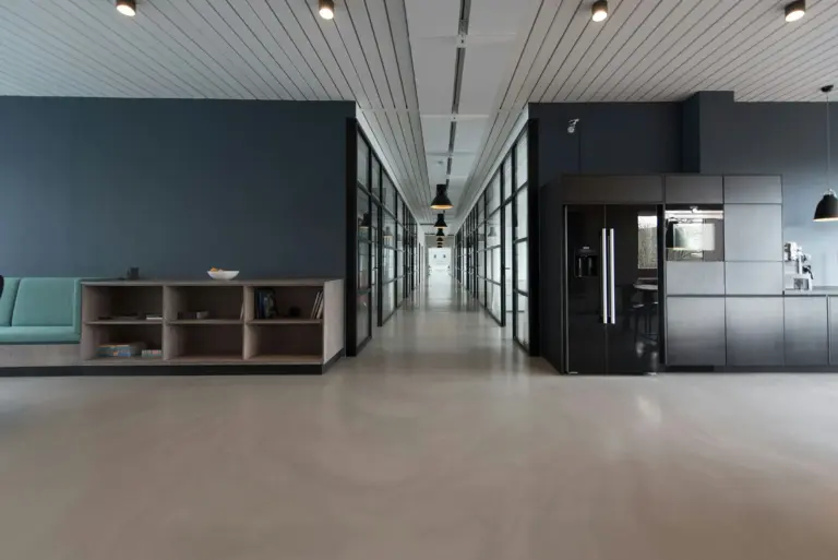 Contemporary corporate interior with partitions and circulation areas
