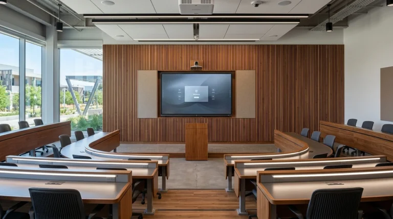 Modern institutional smart classroom with interactive flat panel display and ergonomic seating