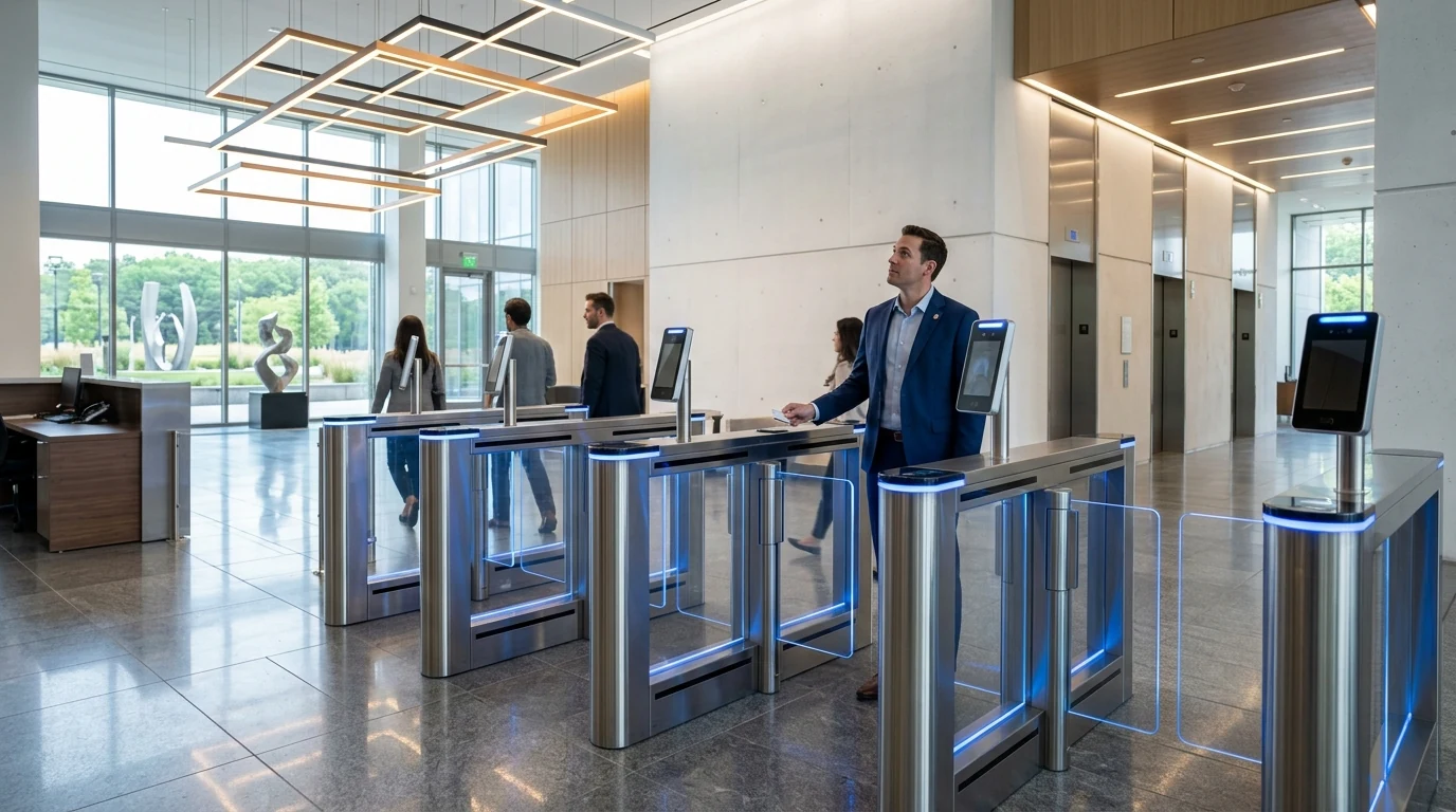 Modern corporate lobby turnstiles with biometric access control terminals and optical glass speed gates