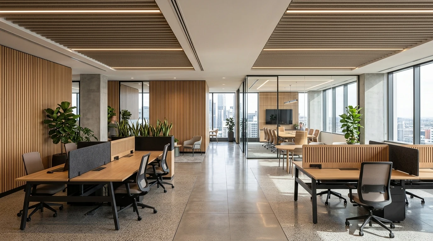 Corporate office fitout with modular workstations and acoustic wood panels