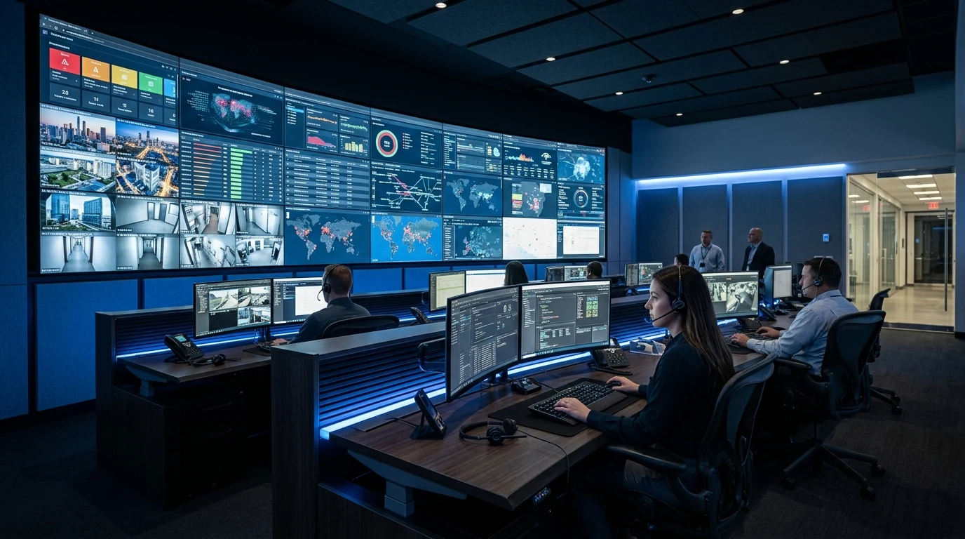 Enterprise security operations center with CCTV surveillance video wall and workstation consoles
